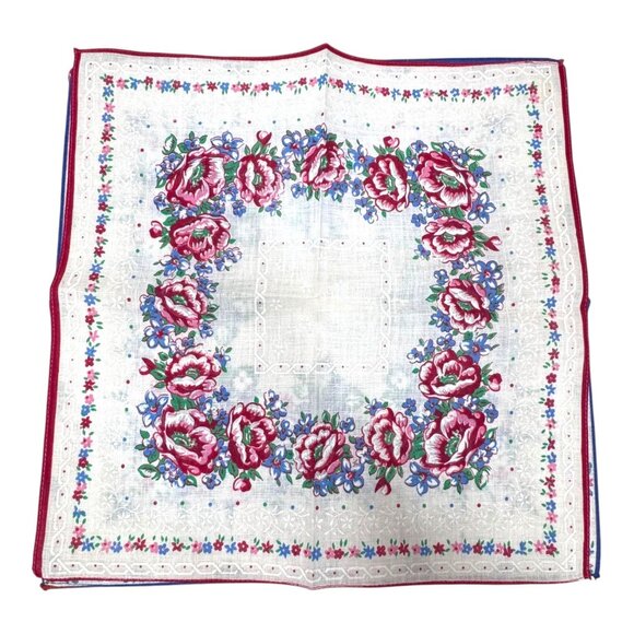 Vintage New Old Stock Blue Red Floral Handkerchiefs Lot 3 Elegant Nostalgia Set - Picture 7 of 8